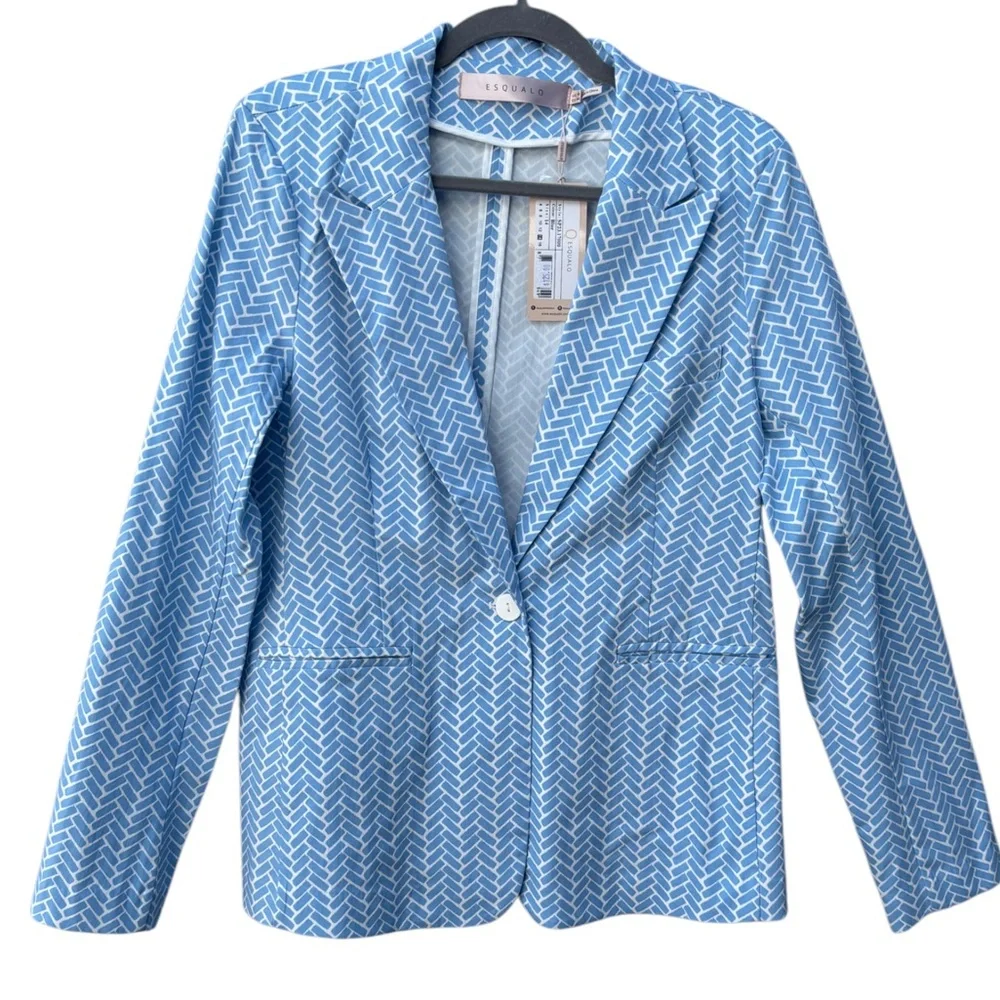 Esqualo Women’s 14 Stretch Block Print Light Blue & White Lightweight Blazer NWT